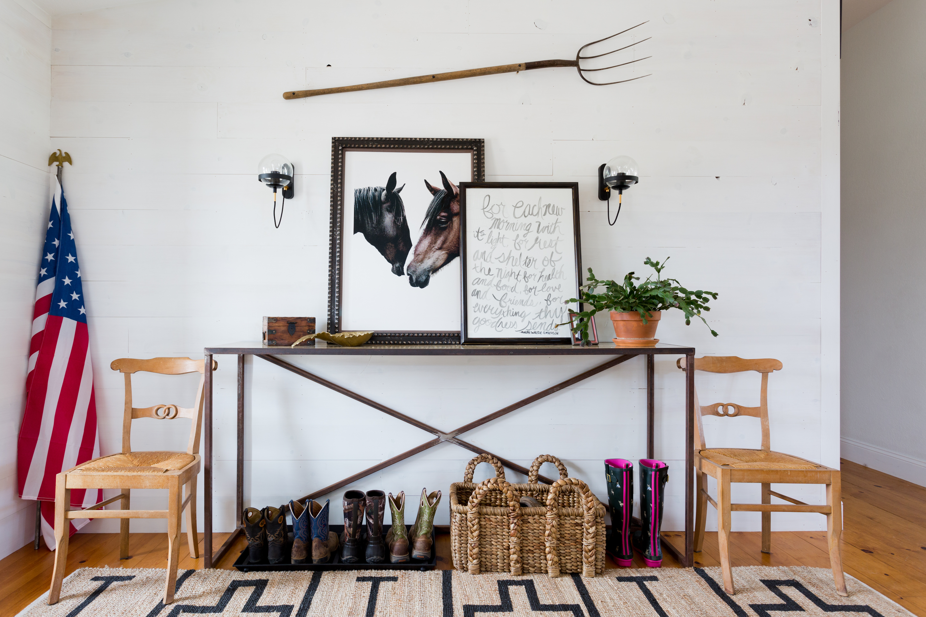 Entry table with boot tray, boots and horse print