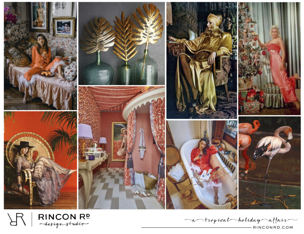 Mood Board for Rincon Road Holiday Window design. Images of lounging ladies, flamingos and beach cabanas
